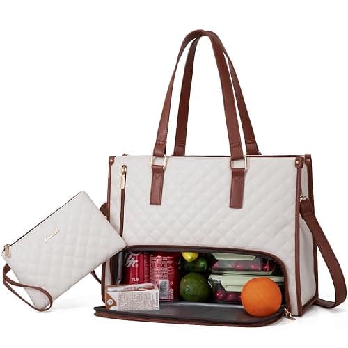 LOVEVOOK Lunch Tote Bag for Women, 15.6 Inch Laptop Bag with Insulated Lunch Compartment, Quilted Large Capacity Computer Handbag with Purse for Business, Work, Collage, Office, Casual, Beige-brown - Image 1