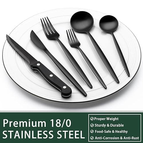 EWFEN 24-Piece Black Silverware Set with Steak Knives, Black Flatware Set for 4, Food-Grade Stainless Steel Tableware Cutlery Set, Mirror Finished Utensil Sets for Home Restaurant, Long Edge - Image 1