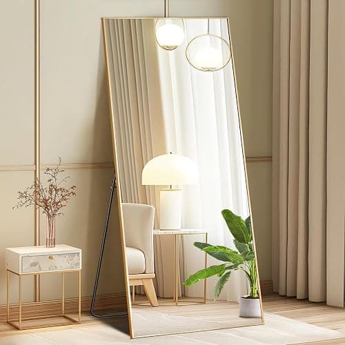 DUMOS Full Length Mirror with Stand, 56"x21" Floor Mirror with Aluminum Alloy Frame for Bedroom, Standing Full Body Mirror with Shatter-proorf Nano Glass for Wall, Living Room, Cloakroom, Gold - Image 1