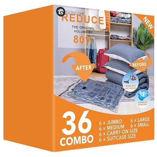 GONGSHI Vacuum Storage Bags for Clothing, 36-Piece Set | 6 Jumbo, 6 Large, 6 Medium, 6 Small and 12 Travel Roll-Up Bags; Great for Clothes, Bedding, Luggage and Seasonal Storage - Image 1
