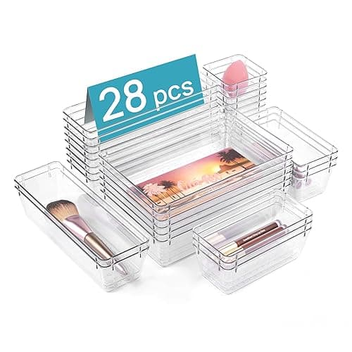 Vtopmart 28 PCS Clear Plastic Drawer Organizers Set, 4-Size Bathroom and Vanity Drawer Organizer Trays, Acrylic Storage Bins for Toiletries, Makeup, Cosmetic, Kitchen Utensils, Tool, Gadgets - Image 1
