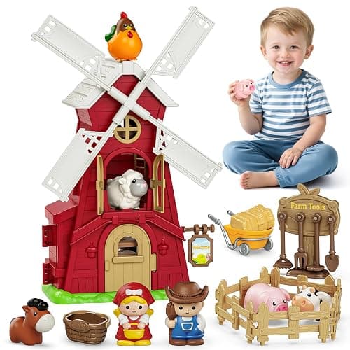 Toddler Toys for 1 2 3 Year Old, Farm Animals Windmill Barn Montessori Educational Toys, Farm Playset with Assorted Pretend Accessories, Christmas Birthday Gift for Baby Boys Girls 12-18 Month - Image 1