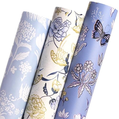 Ribbli Floral Wrapping Paper Mini Roll, 3 Rolls Dusty Blue Vintage Flower Gift Wrap for Mother's Day Women Girl Friend Wedding - 17 inch x 120 inch(10feet) Per Roll - Image 1