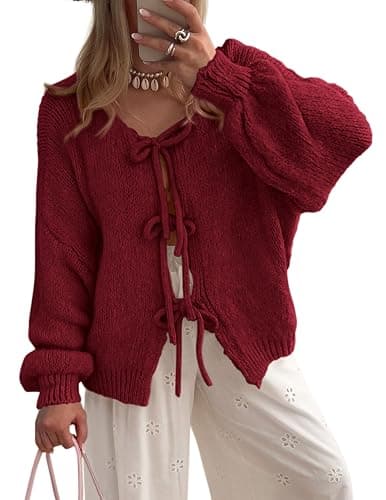 PRETTYGARDEN Women's Tie Front Bow Cardigan Sweaters Chunky Knit Long Puff Sleeve Trendy Fall Winter Jacket Coats - Image 1