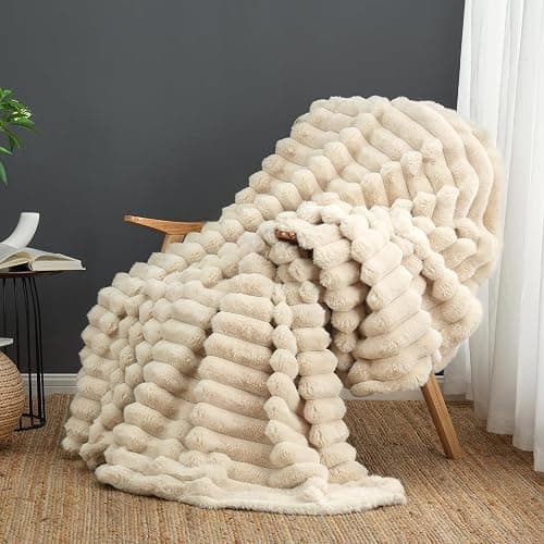 Cozy Bliss Faux Fur Throw Blanket for Couch, Cozy Warm Plush Striped Blanket for Sofa Bedroom Living Room,50 * 60 Inches Beige - Beige - Throw(50" x 60") - Image 1