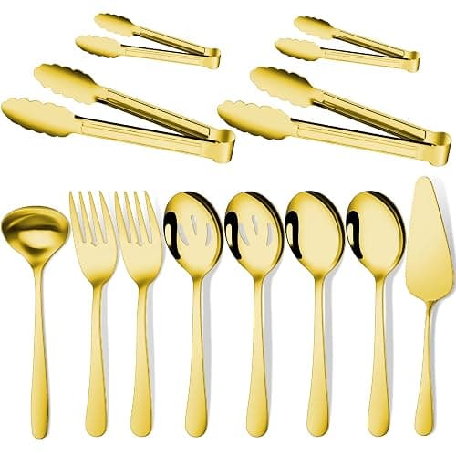 Gisly Gold 12 Pieces Serving Utensils Include Large Serving Spoons,Slotted Serving Spoons,Serving Forks,Serving Tongs,Appetizers Tongs,Soup Ladle and Pie Cake Server for Buffet Catering - Image 1