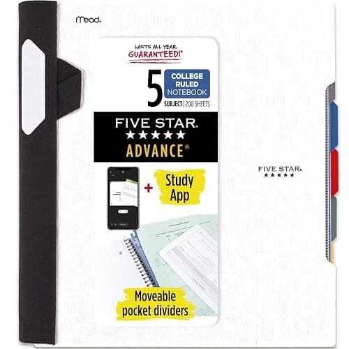 Five Star Advance Spiral Notebook + Study App, 5 Subject, College Ruled Paper, 8-1/2" x 11", 200 Sheets, Spiral Guard, Movable Tabbed Dividers, White (73154) - Image 1