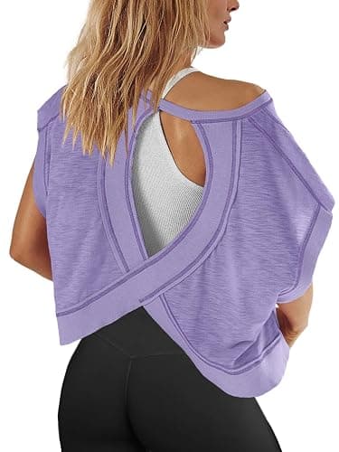 Panadila Womens Open Back Workout Top Oversized Workout T Shirts Backless Athletic Shirt Short Sleeve Baby Tee - Small - Lavender - Image 1