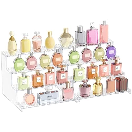 Lifewit 4 Tier Clear Display Riser Stand with Decorative Secure Fences, Tool-free Assembly, Plastic 12 Inch Perfume Organizer, Display for Figures, Cupcake, Dessert, 2-pack - Image 1