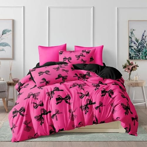Herside Hot Pink Bow Bedding Sets Single Size Luxury Bowknot Duvet Cover Set Romantic Pink Black Bow Printed Girls Quilt Cover for Gift Ultra Soft Microfibre Bedding Set Easy Care - Image 1