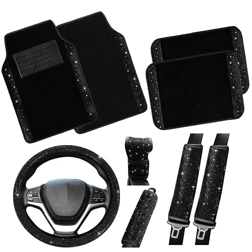 Valleycomfy Bling Steering Wheel Cover, Waterproof Diamond Floor Mats Sparkling 9-Pack Rhinestone Car Accessories for Women (Black Diamond Set) - Image 1