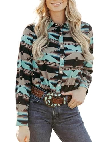 Bellesumyee Womens Retro Aztec Pearl Snap Shirts Lapel Button Up Blouse Long Sleeve Cowgirl Ethnic Print Rodeo Western Tops - Image 1