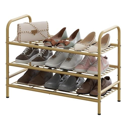 Huhote Metal Shoe Rack 3 Tiers Gold Iron Mesh Freestanding Shoe Organizer Storage Shelf, Storage Rack Space Saving Shoe Stand Shoe Shelf Garage Shelving for Entryway, Hallway, Living Room,Closet - Image 1