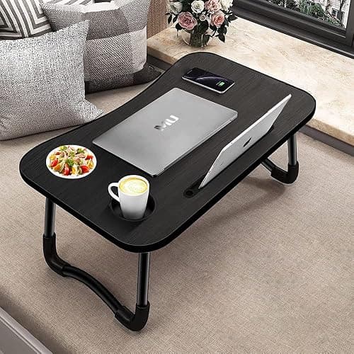Laptoptisch, Betttablett, Laptop Betttisch Klappbar Tragbar, Lesetisch, Frühstücksbrett, NotebookTisch, Getränkehalter, Büchertablett, für Wohnzimmer Büro und Unterwegs Sofa Boden|60 x 40 cm, Schwarz - Image 1