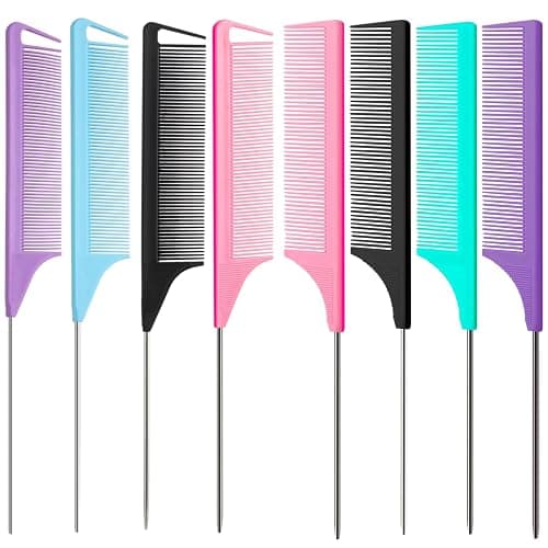 8pcs Rat Tail Combs Set,Long Steel Pin Teasing Combs for Salon Hair Stylists,2 styles and multiple colorsb of Metal Parting Combs for Women,Hair Teasing Fine Tooth Comb Aigee - Image 1