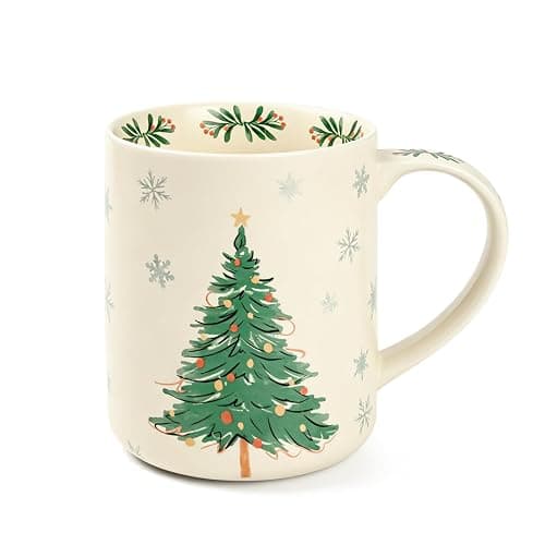 LINVIA 18 oz Large Ceramic Coffee Mug, Porcelain Tea Cup with Big Handle | Garden Floral Teacup, Microwave Dishwasher Safe (Winter, Christmas Tree and Snowman) - Image 1