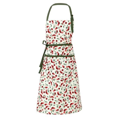 BOUND DUO Women's Cherry Floral Print Vintage Kitchen Cooking Apron | Adjustable Tie Straps & Big Storage Pockets, Cute Gardening Pinafore, Nice Gift for Baking & Tea Lovers(Cherry red) - Image 1