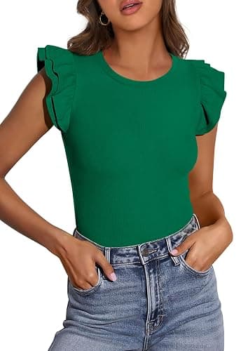 PRETTYGARDEN Womens Summer Crew Neck T Shirts 2026 Trendy Ruffle Sleeve Slim Fit Knit Going Out Tops Casual Spring Clothes - Image 1