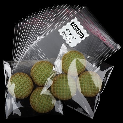 200Pcs Cookie Bags, Self Sealing Cellophane Bags 4x4 Inch, Resealable Treat Bag for Fresh Cookies, Candy, Gifts, and Party Favors - Image 1