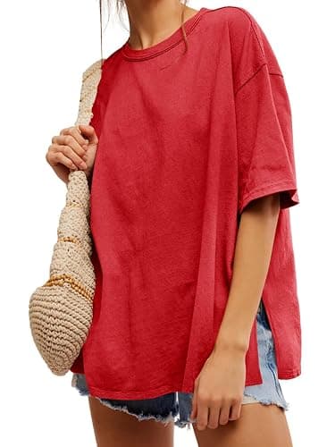 Tankaneo Womens Oversized Tshirts Summer Casual Short Sleeve Crew Neck T Shirt Loose Fit Side Slit Tee Tops - Image 1