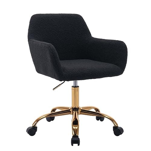 KCC Faux Fur Office Desk Chair, Comfy Swivel Armchair with Wheels, Upholstered Fuzzy Vanity Chair, Adjustable Seat Height, Black - Black+golden Base - Image 1