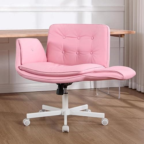amseatec Criss Cross Chair with Armrests & Wheels, PU Leather Vanity Chair, Comfortable Adjustable Swivel Computer Office Desk Chairs for Home, Make Up, Bed Room (Pink) - Image 1