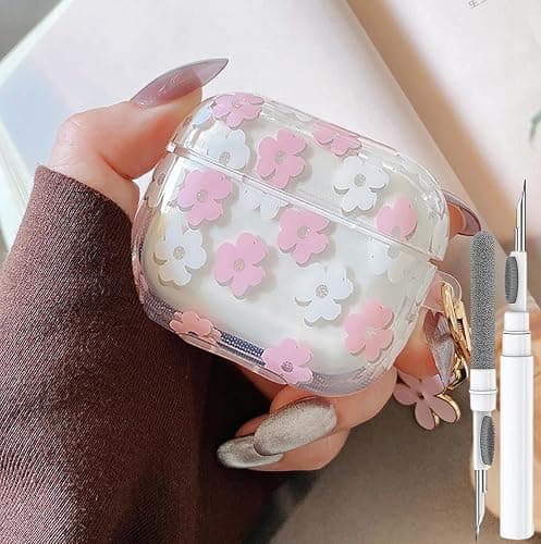 Olytop for Cute Airpods 4 Case Clear, Soft TPU Flower Air Pods 4th Generation Cover Protective Shockproof Skin Girl Women with Floral Keychain for Apple iPod 4th Gen Case - Pink - Image 1