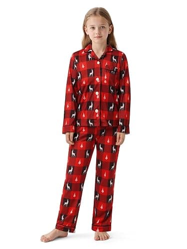 Motarto 2 Pieces Girls Long Sleeve & Pants Set Button Down Tops Soft Comfortable Girls Satin Silky Clothes Set for Christmas - Image 1