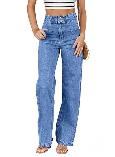 Sidefeel Women's Jeans High Waisted Straight Leg Stretchy Jeans Trendy Welt Pockets Loose Wide Leg Zimbaplatinum Denim Pants - Image 1