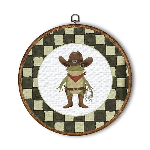 QWZDRHYJI Western Cowboy Frog Checkered Round Wall Art Decor, Whimsical Animal Green Plaid Framed Canvas Prints Wall Hanging for Kids Boy Room Nursery Playroom Decorations, 10x10 Inch - Image 1