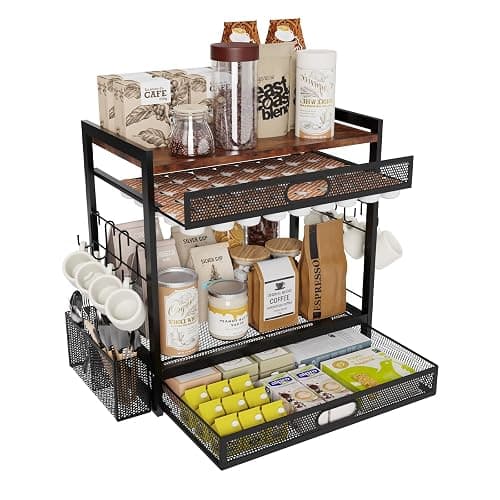 Coffee Bar Organizer Station with CoffeePod Drawer Mug Cup Holder and Tea Condiment Storage for Countertop Organizer CoffeeBar Accessories for Kitchen,Home,Office - Image 1