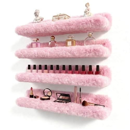 Care&More YJ 15 Inch Nail Polish Shelves, 4-Pack Fuzzy Display Nail Polish Rack for Storing Nail Bottles, Sunglasses, Essential Oils, Plush Soft Pink - Image 1