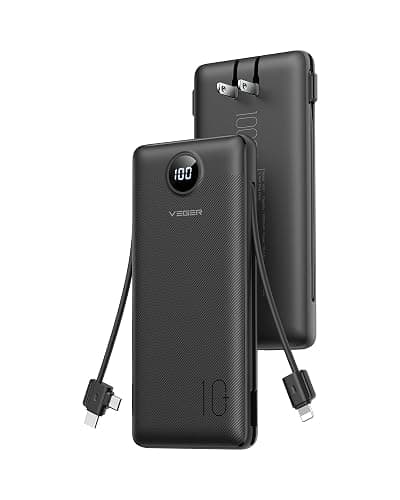 VEGER All in One Travel Portable Charger with Built-in AC Plug & Cables, 10000mAh Slim Power Bank Battery Pack, 15W Fast Charging Compatible with iPhone, Samsung, Android-Black - Image 1
