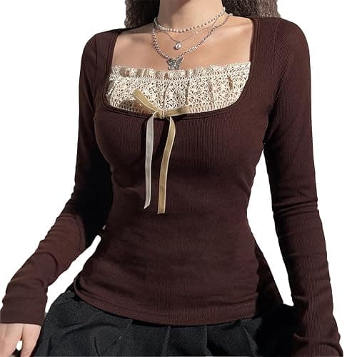 Women's Y2K Knitted Tops Long Sleeve Square Neck Lace Slim Fit Tops Fairy Grunge Shirt Aesthetic Clothes - Image 1