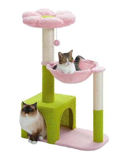 MUTTROS Flower Cat Tree with Large Metal Frame Hammock, 35" Cute Cat Tower with Sisal Scratching Posts for Small Indoor Cats, Cat Condo with Pink Top Perch for Kittens, Pink - Image 1