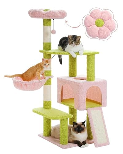 MUTTROS Flower Cat Tree 47.2" Multi-Level Cat Tower with Sisal Covered Scratching Posts, Cute Cat Condo for Indoor Small Medium Cats, Pink Top Perch, Ramp, Fluffy Ball, Pink - Image 1