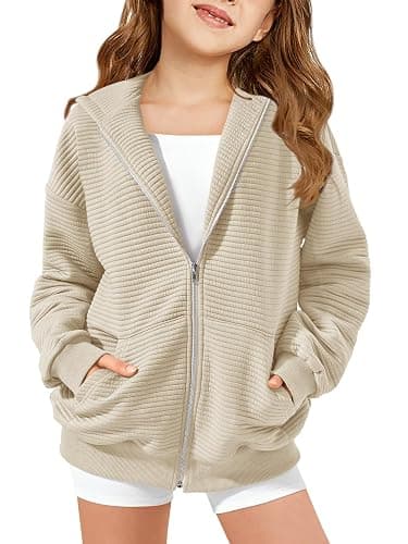 Haloumoning Girls Zip Up Hoodie Kids Fashion Oversized Textured Sweatshirt Jacket with Pockets 5-14 Years - Image 1