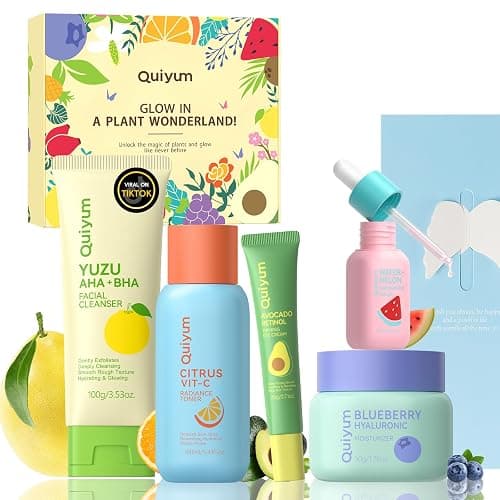 QUIYUM Fruit Skin Care Set, 5 Daily Routine Beauty Skin Care for Teens 10-12 - Gift Sets with Cleanser, Vit-C Toner, Eye Cream, Cream, Serum, Facial Care Set for Women, Mothers, Girls,Travel Sets - Image 1