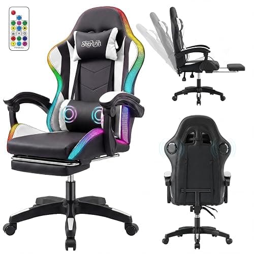 Descholle Gaming Chair with RGB LED Lights, Ergonomic Video Game Chair with Footrest, High Back PC Chair, Lumbar Support and Headrest, Reclining Gamer Chair for Adults, 380 lbs Capacity (White) - Image 1
