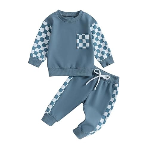 Toddler Baby Boy Fall Outfit Crewneck Long Sleeve Sweatshirt Tops Elastic Pants Jogger Cute Newborn Winter Clolthes Set - 0-6 Months - Blue - Image 1