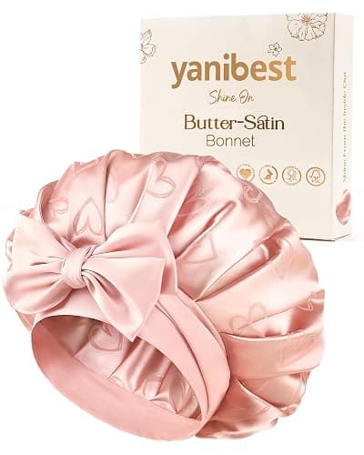 YANIBEST Adjustable Satin Bonnet for Sleeping, Double Layer Silk Bonnet with Tie Band for Women, Sleep Cap Curly Natural Hair, Pink - Image 1