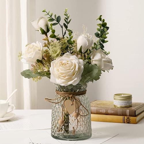 YJ Fake Flowers with Vase, Silk Roses Artificial Flowers in Vase, Faux Flower Plant Arrangement Suitable for Home Office Decoration, Dining Table Centerpiece(White) - Image 1