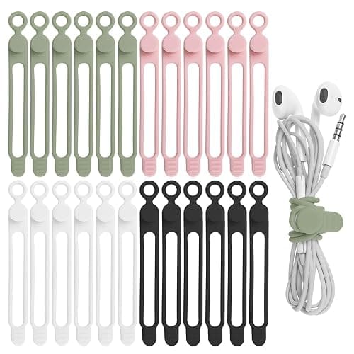 Nearockle 24Pcs Silicone Cable Straps Cord Organizer for Bundling Earphone, Phone Charger, Computer Cords, Reusable Cable Ties Wire Organizer in Home,Office,Kitchen,School (4 Colors) - 4.2 Inch - Multicolor B - Image 1