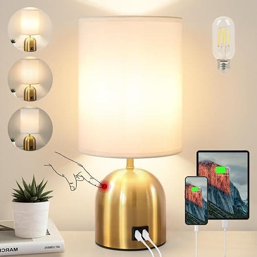 Yacoto Touch Control Table Lamp for Bedroom, 3 Way Dimmable Modern Gold Bedside Lamps with 2 USB Charging Ports with Metal Base Fabric Shade for Nightstand, Living Room, Home Office(Bulb Included) - Gold - Image 1
