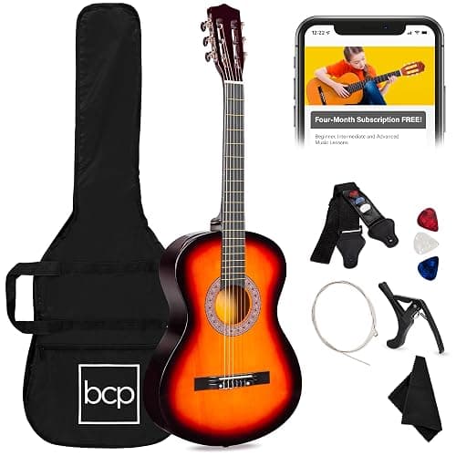 Best Choice Products 38in Beginner All Wood Acoustic Guitar Starter Kit w/Gig Bag, 6 Picks, Nylon Strings, Strap w/Pick Holder - Sunburst - Image 1