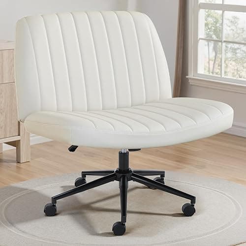 OLIXIS Criss Cross Chair with Wheels Wide Cross Legged Office Desk Vanity Chair Comfy Fabric Armless Adjustable Swivel for Home Computer Task PU Beige - Image 1