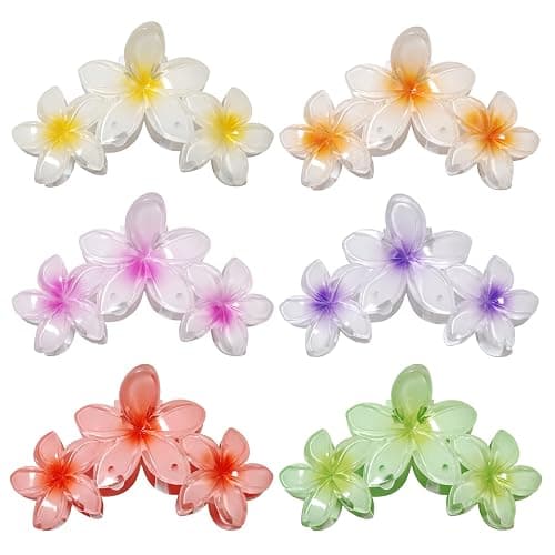 6 Pcs Big Flower Hair Claw Clips, 3Head Frangipani Flower Gradient Color Large Hair Clips, Beach Vacation Strong Hold Jaw Hairpin for Women Girls Hair Accessories (6 PCS Big) - Image 1