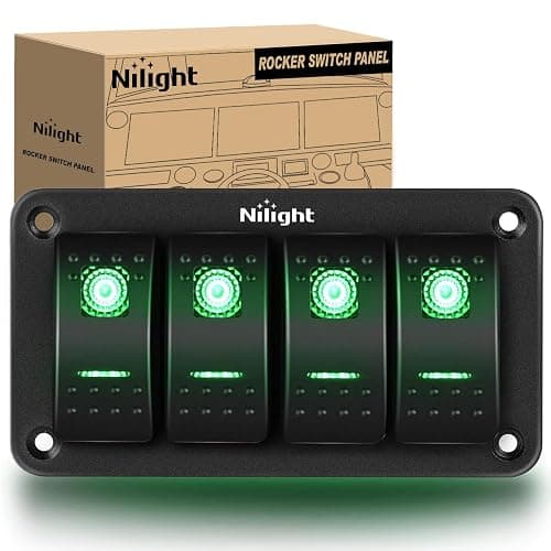 Nilight 4 Gang Rocker Switch Panel 5Pin On Off Toggle Aluminum Holder 12V 24V Dash Pre-Wired Green Backlit Switches for Automotive Cars Marine Boats RVs Truck - Image 1