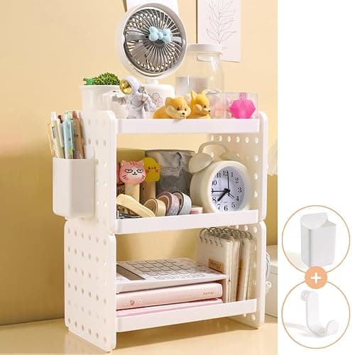 Lae Nuvole Desktop Organizer Shelf Stationery Organizer with Pen Holder Office Desk Pegboard Shelf Plastic Combinable Organization and Storage for Desk, Office, Countertop, Dorm (White, 3 Tier) - Image 1
