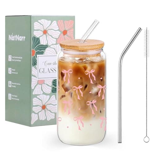 Cute Pink Bow Glass Cups with Lids and Straws Preppy Stuff for Teen Girls | 16 oz Coquette Coffee Cups Aesthetic Stuff Cute Cup Tumbler for Teen Girls Women, Girly Birthday Gifts - Image 1